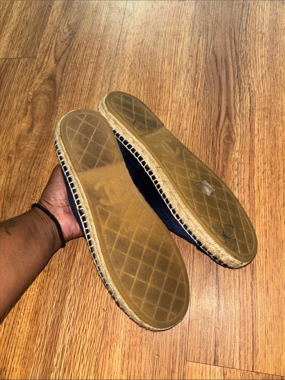 CHANEL Navy Blue and Black Suede Logo Espadrilles